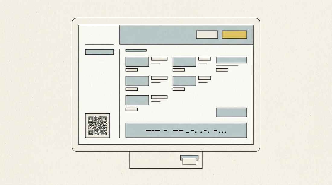 Drawing of a self-ordering kiosk screen: dish tiles, an order summary, a PayNow QR code in the corner and a receipt slot below.