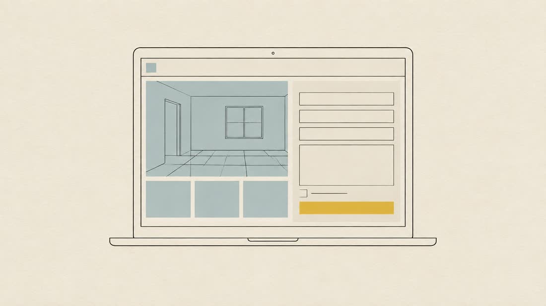 Drawing of a renovation landing page on a laptop: a room photo, three project tiles, and a quote form with a consent tick box above its button.